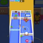 Top-down mobile game level showing players navigating small blue rooms with obstacles.