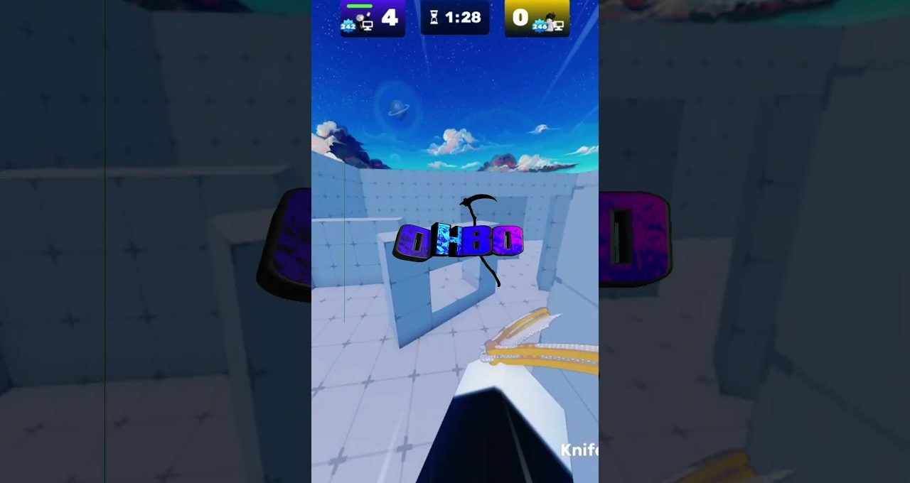 First-person view in a blue arena holding golden knives with score overlay and timer