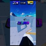 First-person view in a blue arena holding golden knives with score overlay and timer