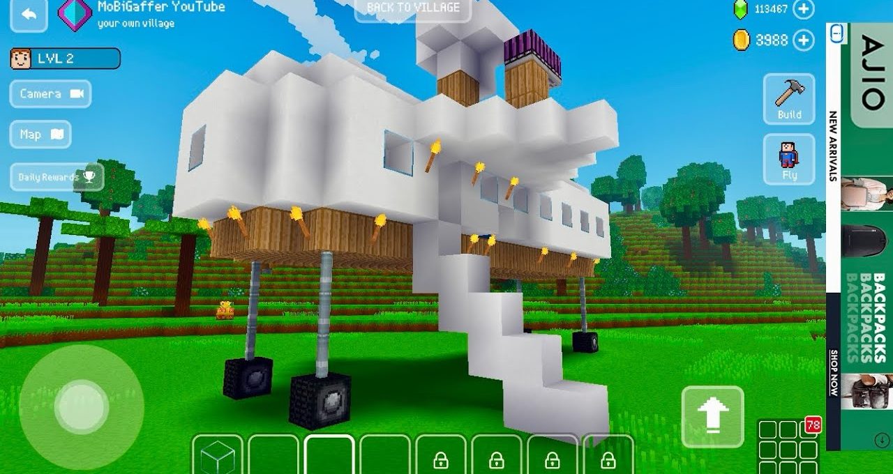 Blocky white elevated house with stairs, torches, and grassy forested background
