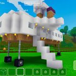 Blocky white elevated house with stairs, torches, and grassy forested background