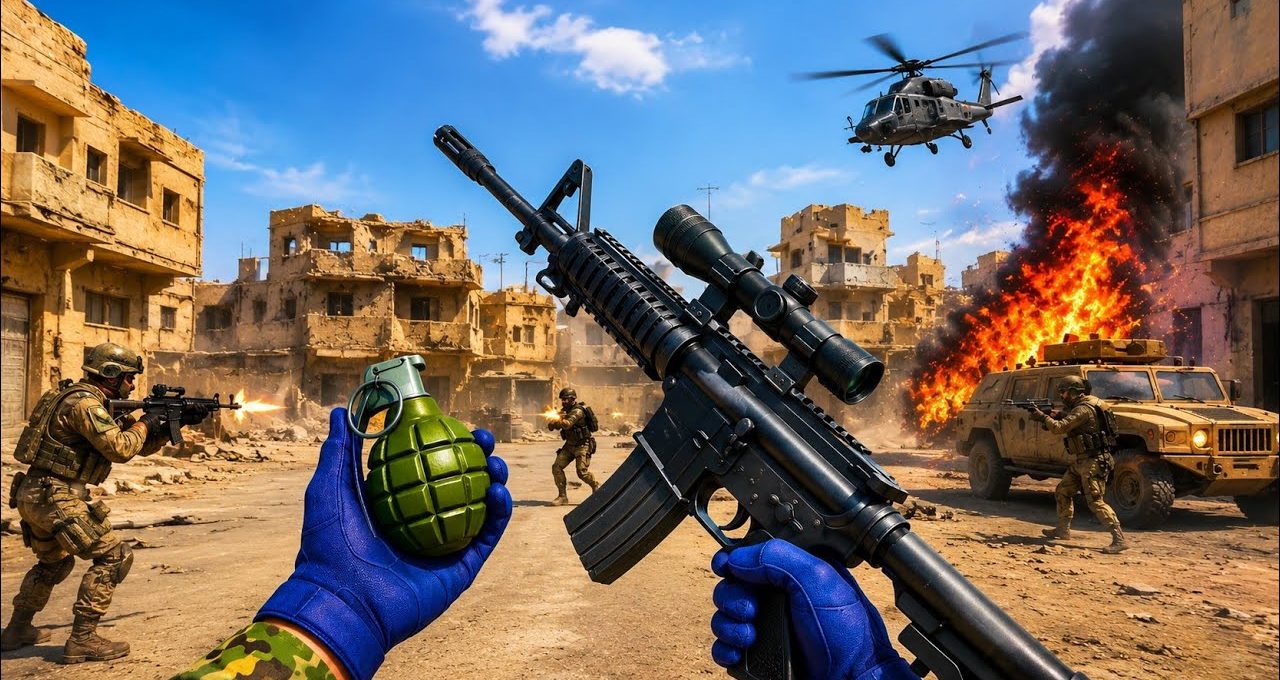 First-person view of soldier holding rifle and grenade in urban battle scene