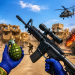 First-person view of soldier holding rifle and grenade in urban battle scene