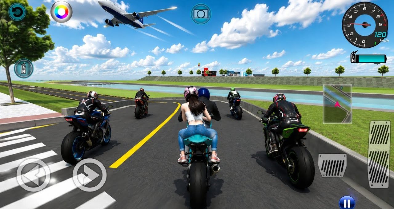 Group of motorcyclists racing on a track with an airplane flying overhead.