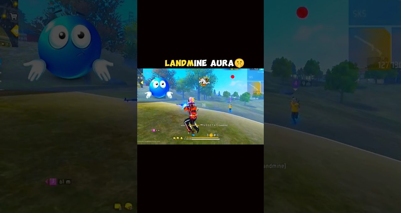 Player character in colorful outfit running across grassy battlefield with a large blue emoji nearby