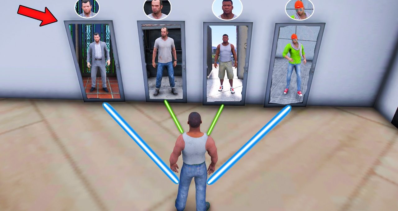 Player character with lightsaber selecting one of four doors showing different avatars