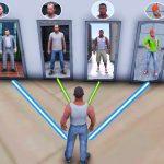 Player character with lightsaber selecting one of four doors showing different avatars