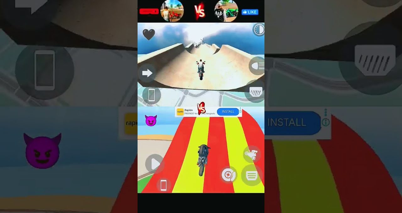 Split-screen mobile game showing two motorcycles racing on colorful stunt tracks.