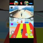 Split-screen mobile game showing two motorcycles racing on colorful stunt tracks.