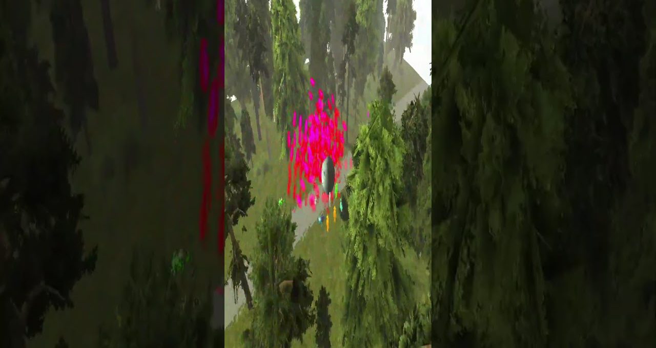 Colorful confetti explosion around a hovering gray drone above a forest clearing