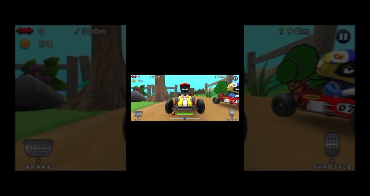 Cartoon go-kart racers on a dirt track with trees and wooden fence backdrop