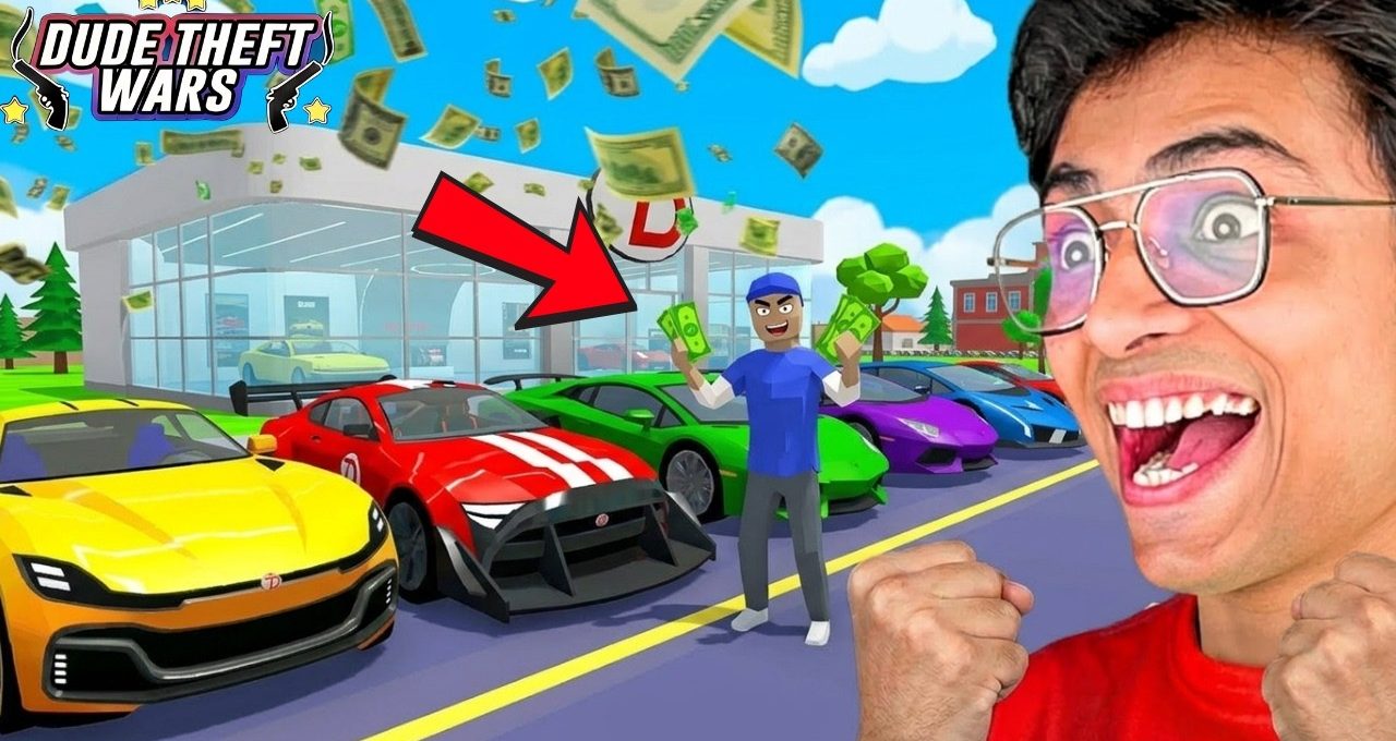 Man celebrating with cash in front of colorful sports cars at a dealership lot