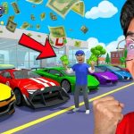 Man celebrating with cash in front of colorful sports cars at a dealership lot
