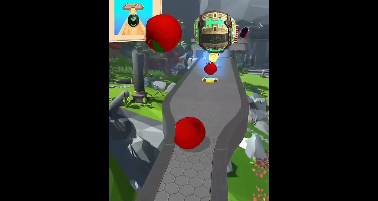 Red ball rolling along elevated hexagonal path toward floating mechanical orb in game level