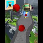 Red ball rolling along elevated hexagonal path toward floating mechanical orb in game level