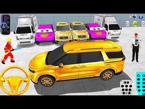 Shiny gold SUV parked in showroom surrounded by colorful service vans and attendants