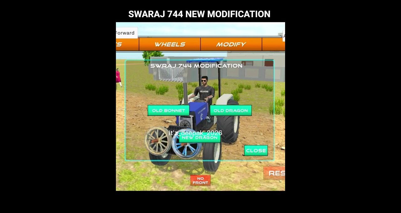 Blue Swaraj 744 tractor in game menu with modification options and driver visible