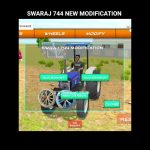 Blue Swaraj 744 tractor in game menu with modification options and driver visible