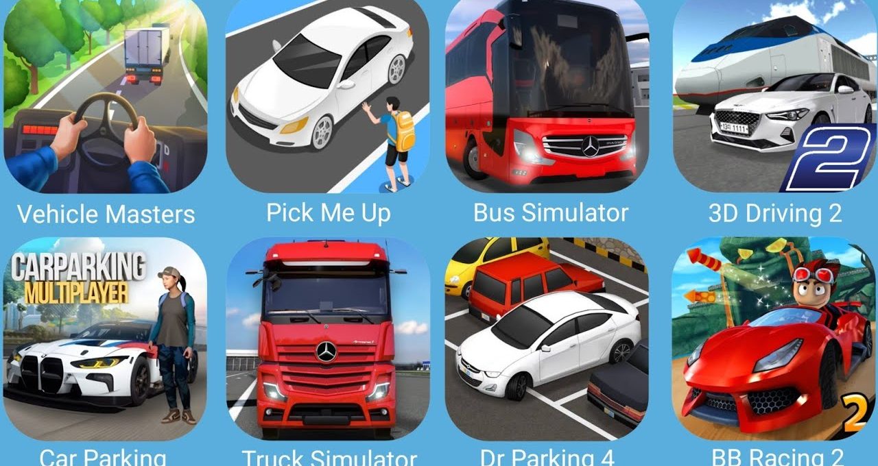 Grid of nine colorful driving and parking game app icons featuring cars, buses, trucks.