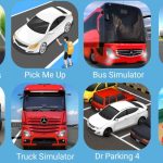 Grid of nine colorful driving and parking game app icons featuring cars, buses, trucks.