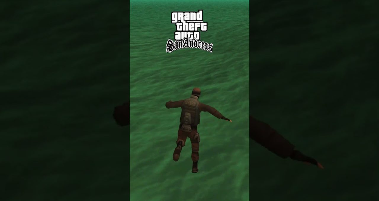 Player character skydiving over green ocean with "Grand Theft Auto: San Andreas" logo above