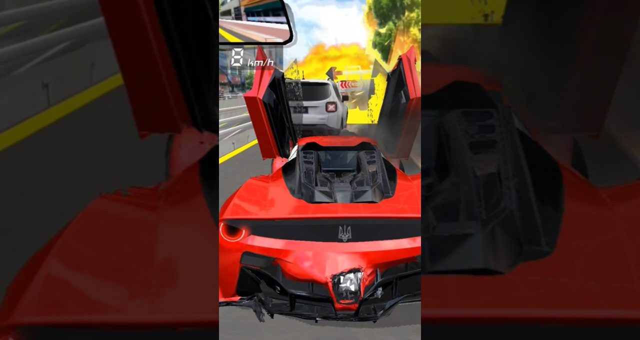 Red sports car with scissor doors damaged in a highway crash and fire ahead