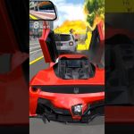 Red sports car with scissor doors damaged in a highway crash and fire ahead