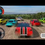 Racing game scene showing multiple sports cars speeding on a dirt track through countryside