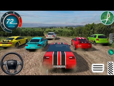 Racing game scene showing multiple sports cars speeding on a dirt track through countryside