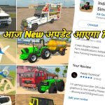 Collage of Indian Vehicles Simulator 3D screenshots showing tractors, trucks, planes, and update prompt