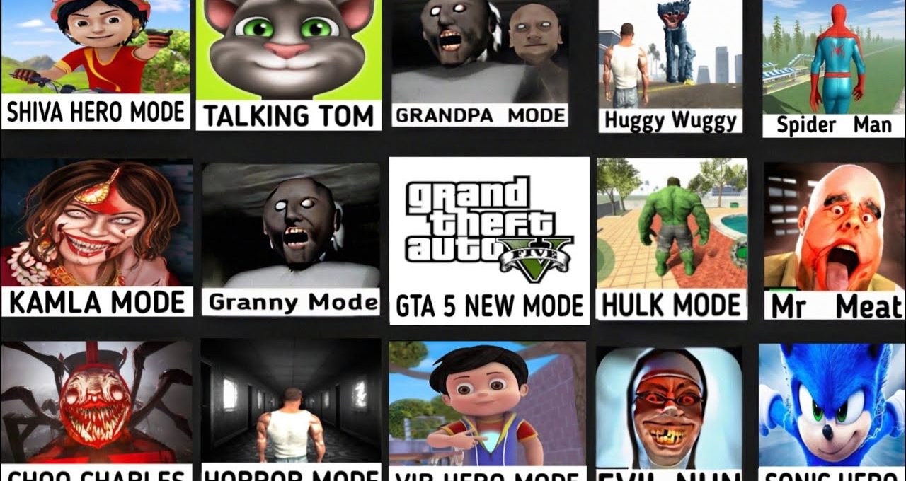 Grid of colorful game mode thumbnails featuring characters like Hulk, Granny, Talking Tom, Sonic.