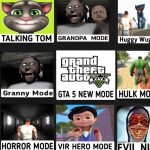 Grid of colorful game mode thumbnails featuring characters like Hulk, Granny, Talking Tom, Sonic.