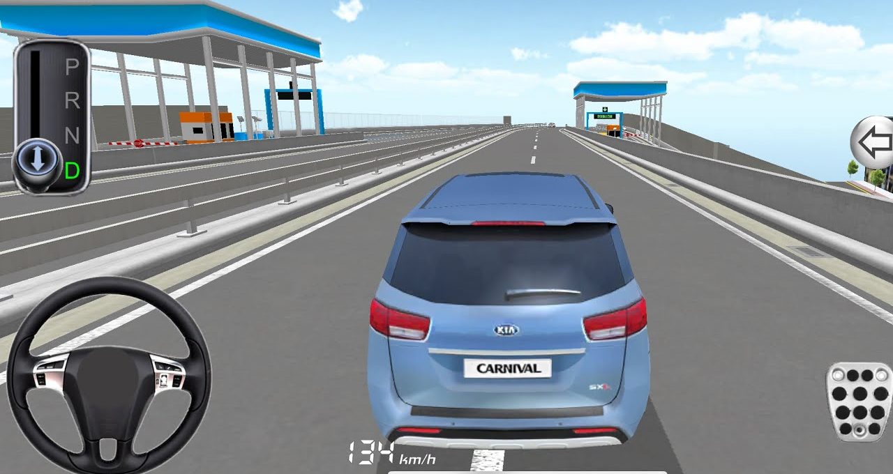 Rear view of a blue Kia Carnival driving on an elevated highway simulation