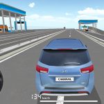 Rear view of a blue Kia Carnival driving on an elevated highway simulation