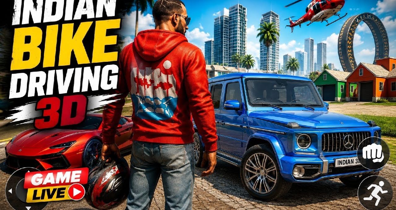 Man in red hoodie holding helmet beside blue SUV and red sports car in cityscape