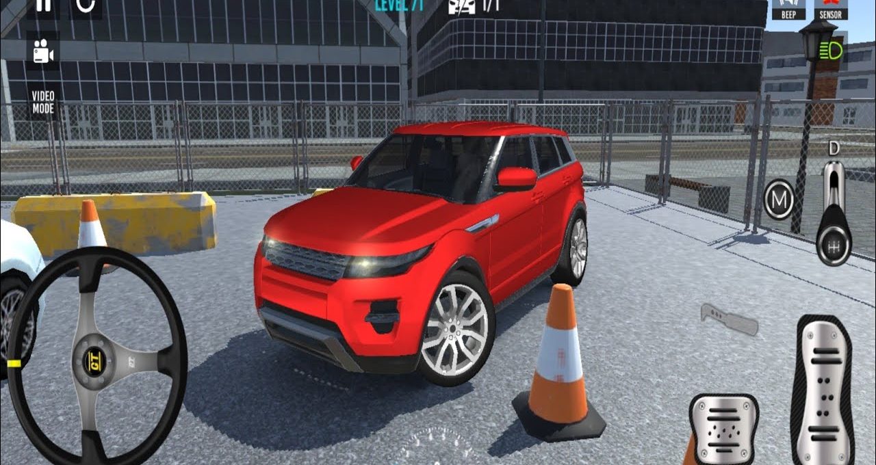 Red SUV parked in a fenced training lot with traffic cones and steering wheel controls