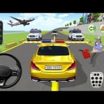 Yellow police car stopped on runway with officers, barriers, and man holding fuel can