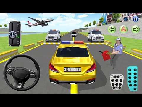 Yellow police car stopped on runway with officers, barriers, and man holding fuel can