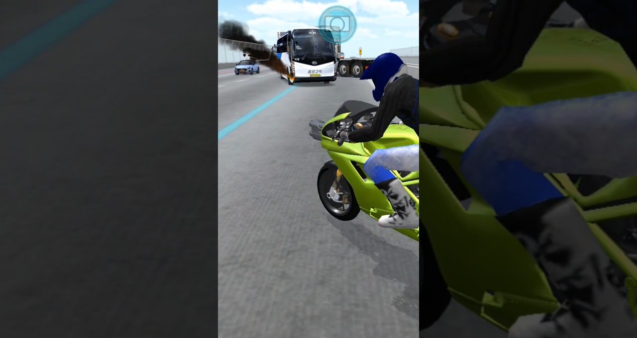 Motorcyclist on green sportbike racing past burning coach bus on highway bridge