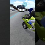 Motorcyclist on green sportbike racing past burning coach bus on highway bridge