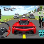 Red sports car at a checkpoint with police vehicles, officers, and an airplane overhead
