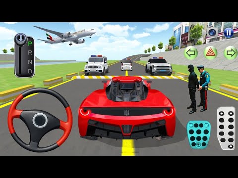 Red sports car at a checkpoint with police vehicles, officers, and an airplane overhead