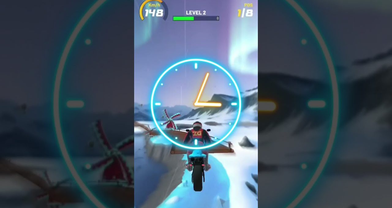 Motorcycle racing game view showing rider jumping through a glowing hoop in snowy landscape
