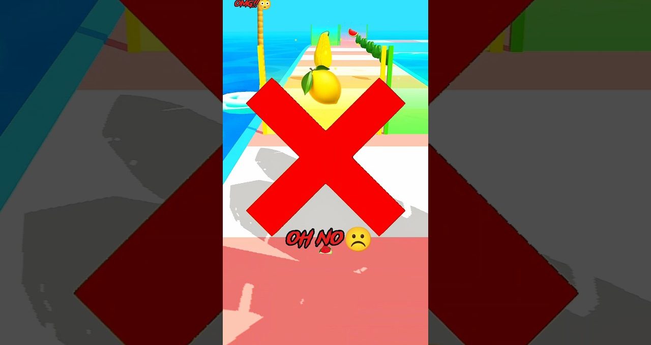Mobile game scene showing fruit on a colorful obstacle course with a red X.