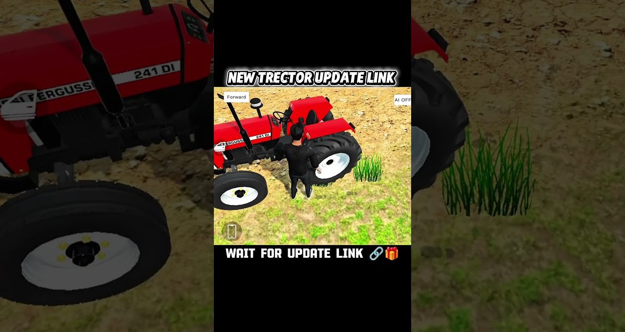 Person standing beside a red tractor on dirt ground with sparse grass patches