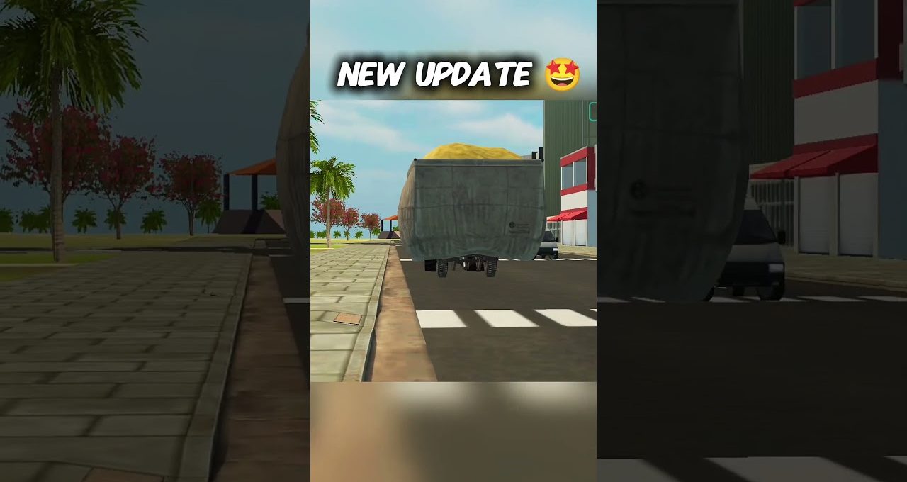 Cartoon truck carrying covered cargo driving down a sunny city street with palm trees