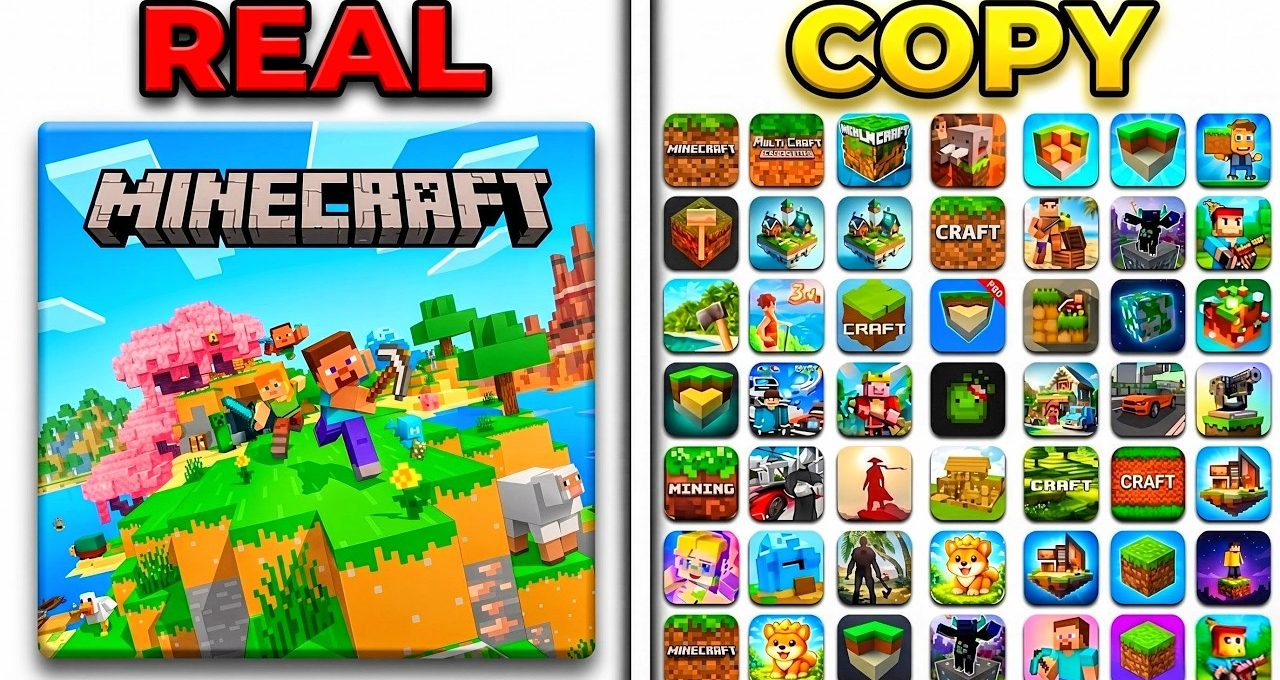 Minecraft official cover on left contrasted with many imitation game app icons on right
