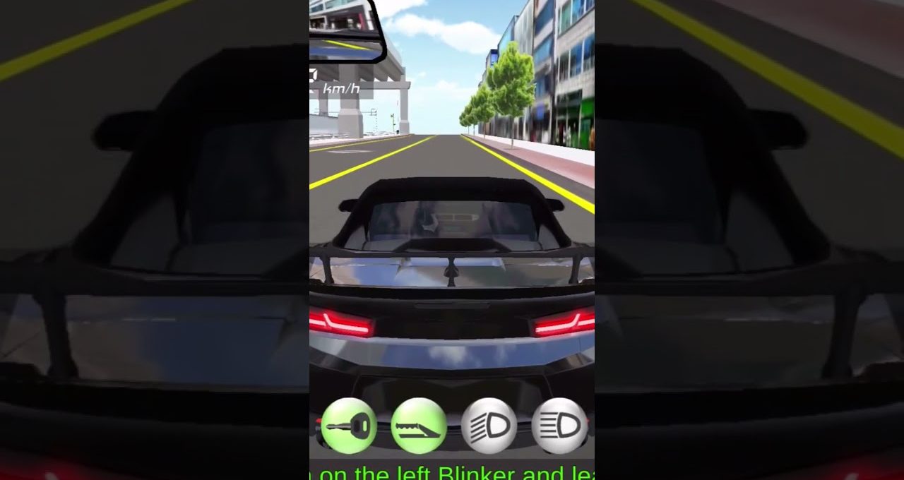 Rear view of a sports car driving down an empty city street in a game