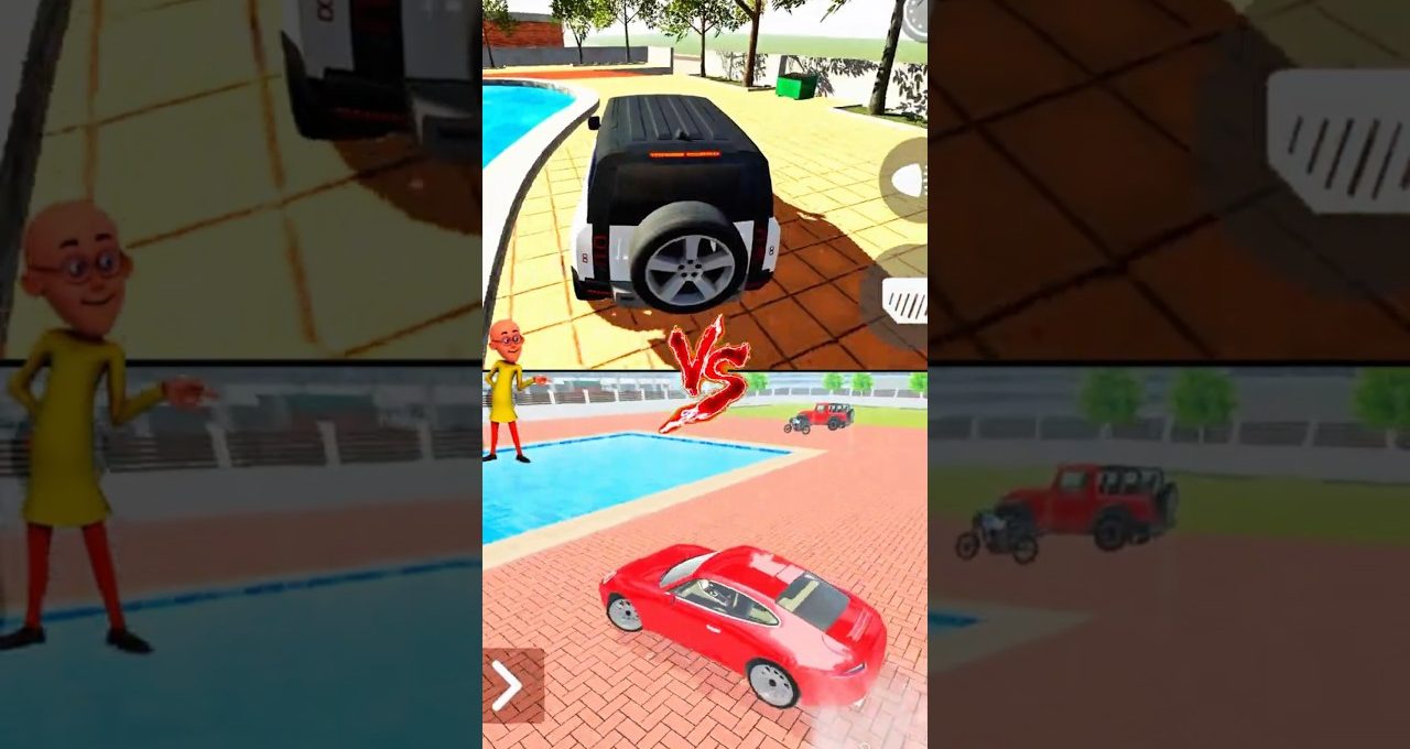 Split-screen game scene showing two cars and a cartoon character by a pool