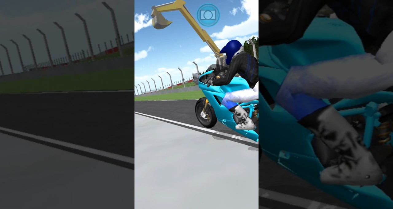 Motorcyclist in teal racing suit leaning into turn on racetrack near barriers